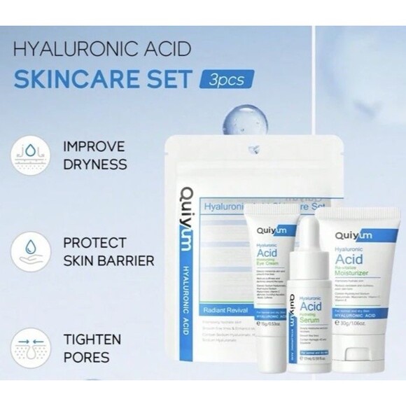 New Sealed Quiyum 3pc Hyaluronic Acid Skincare Set Serum Eye Cream Moisturizer - Picture 1 of 9